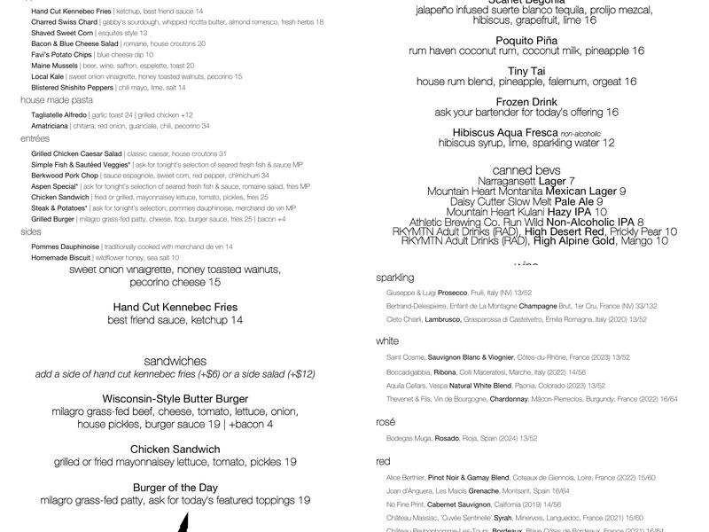 Tiny Pine Bistro Menu