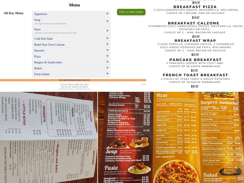 Gusto’s pizza Menu