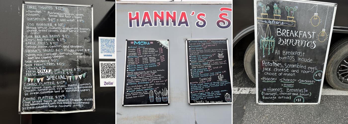 Hanna's Street Tacos Menu
