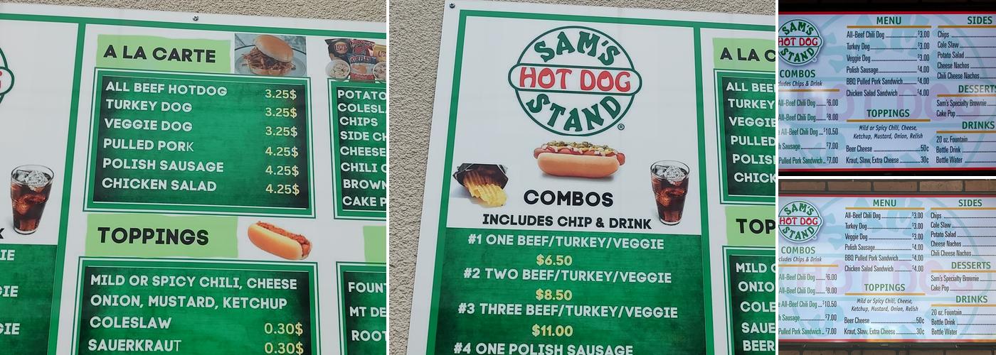 Sam's Hot Dog Stand Lexington Green Menu