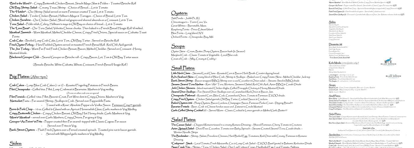 Blue Heron Oyster House and Inn Menu