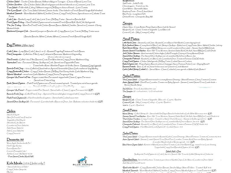 Blue Heron Oyster House and Inn Menu