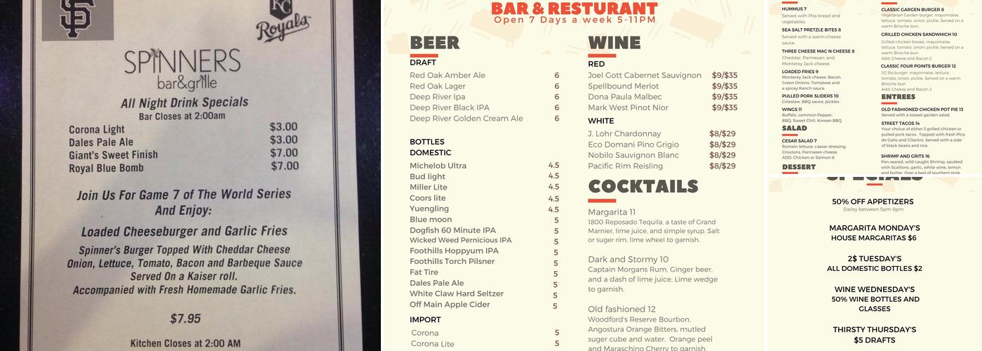 Spinners Bar and Restaurant Menu