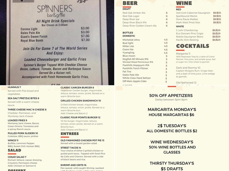 Spinners Bar and Restaurant Menu