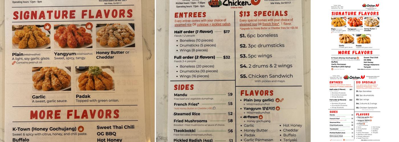 Vons Chicken Isla Vista Menu