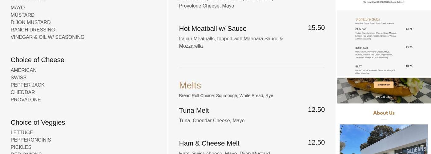 Gilligan’s Sandwich Shop Menu