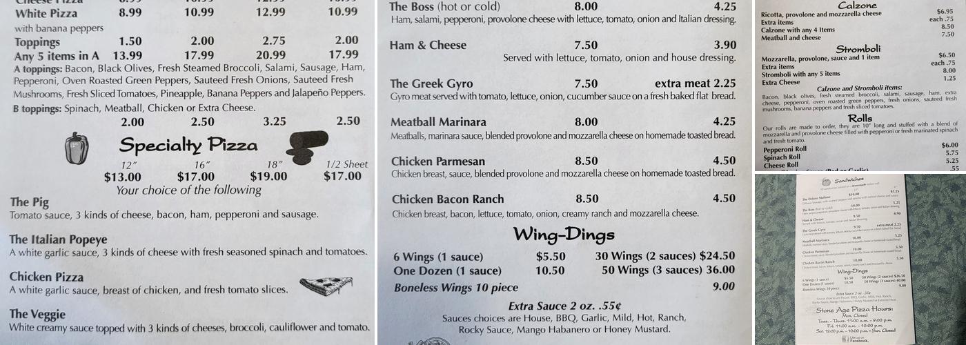 Stone Age Pizza Menu