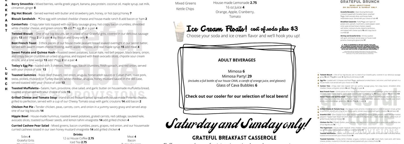 Grateful Table Cafe & Provisions Menu