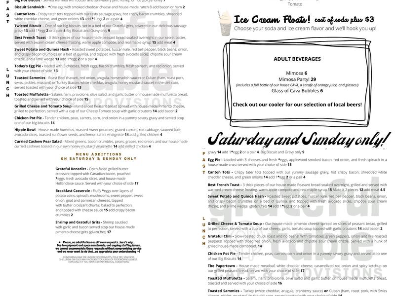 Grateful Table Cafe & Provisions Menu