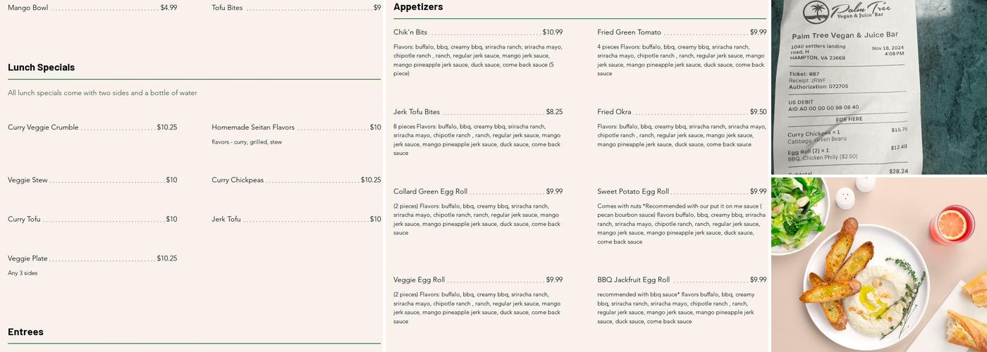 Palm Tree Vegan and Juice Bar Menu