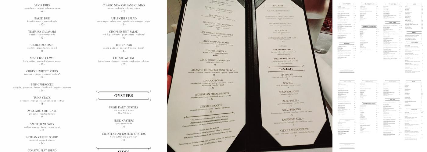 Celeste Coastal Cuisine Menu