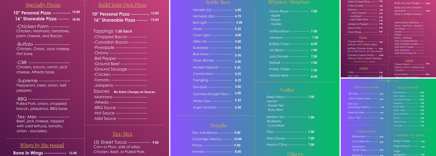 Kickback's Backyard Menu