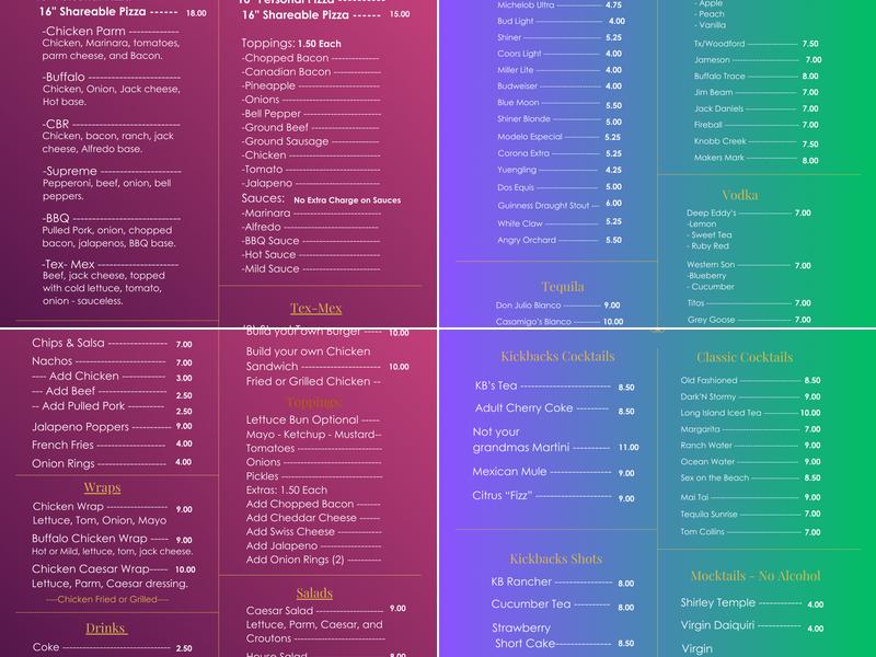 Kickback's Backyard Menu