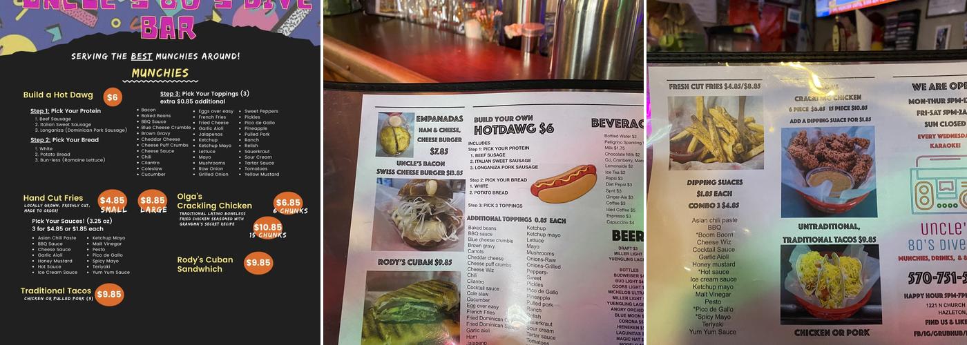 Uncle's 80's dive bar Menu