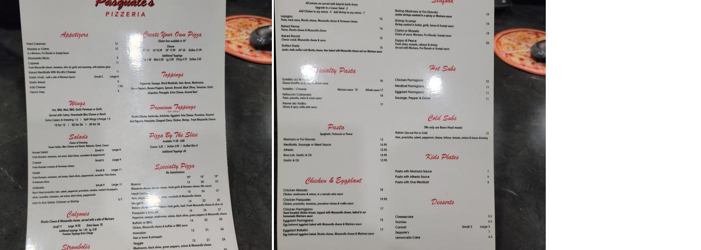 Pasquale's Pizzeria Menu