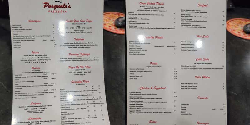 Pasquale's Pizzeria Menu