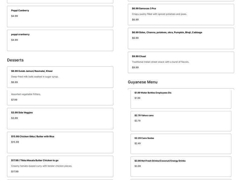 Tandoori Chicken & Roti Hut Menu