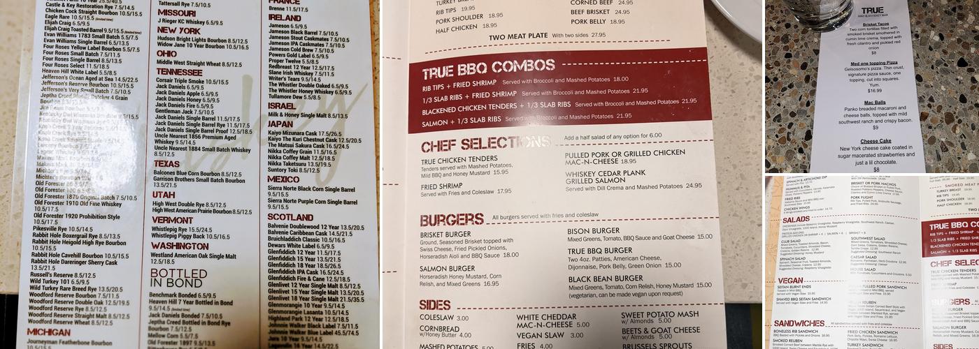 True BBQ and Whiskey Bar Menu
