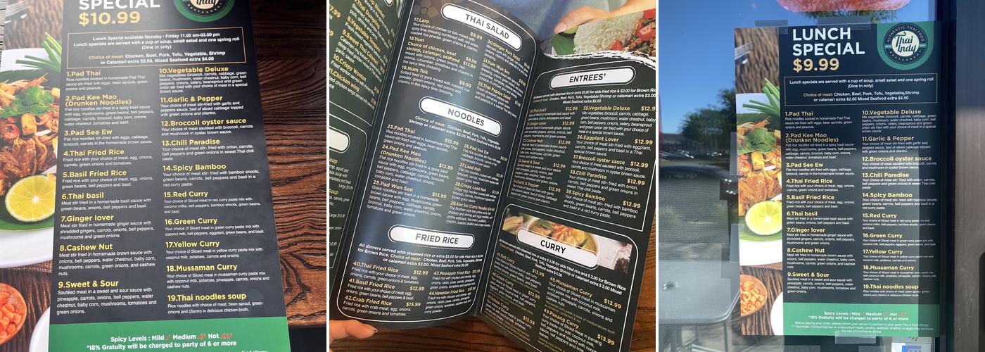 Thai Indy Restaurant Menu