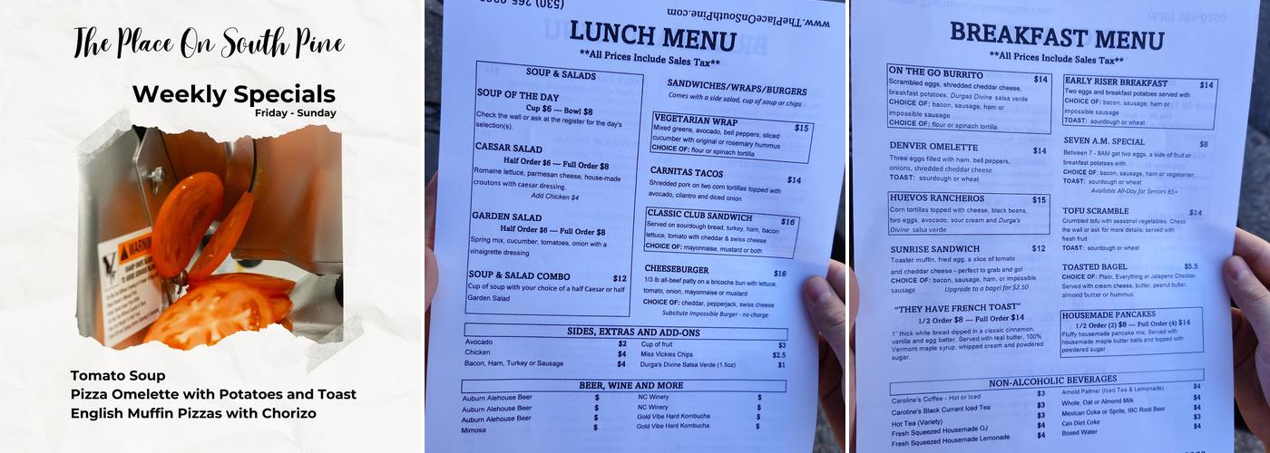 The Place on South Pine Menu