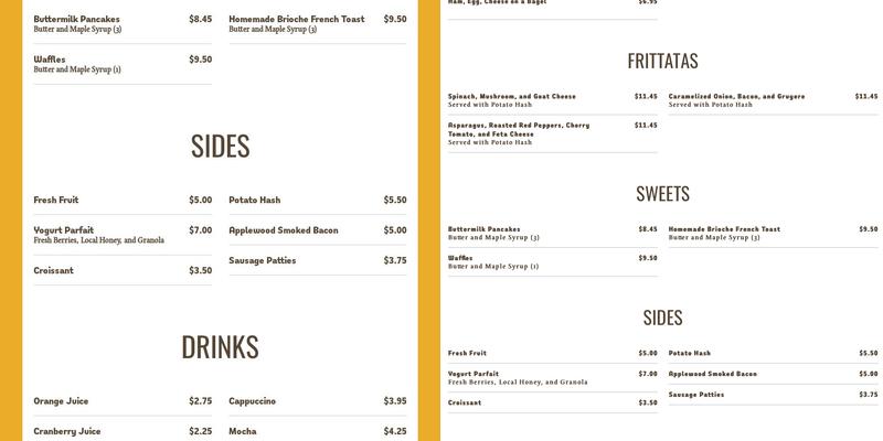 Sun Up Breakfast Menu