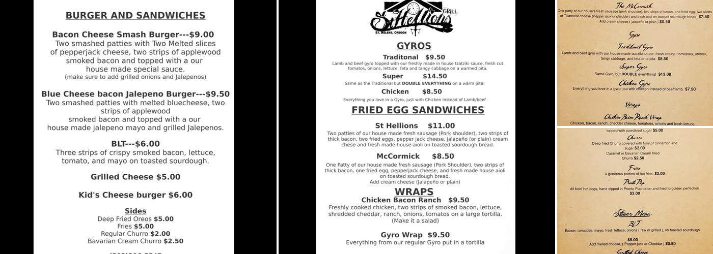 St Hellions Menu