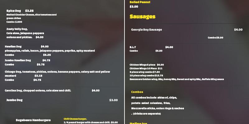 Sugabears Restaurant Menu