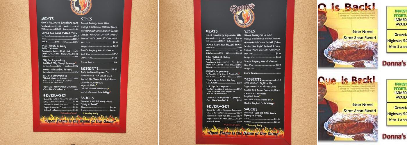 Donna’s Real Pit Barbeque Menu