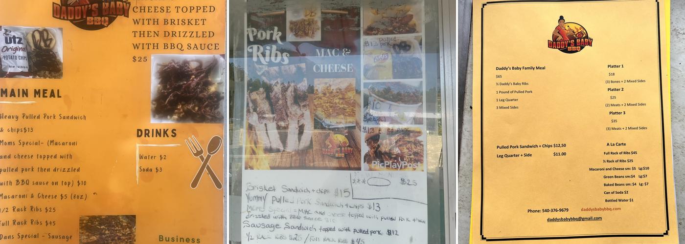 Daddy's Baby BBQ Menu