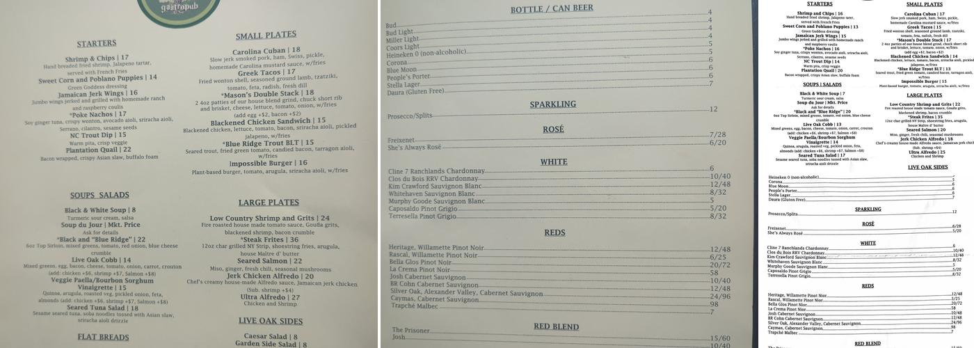 live oak gastropub Menu