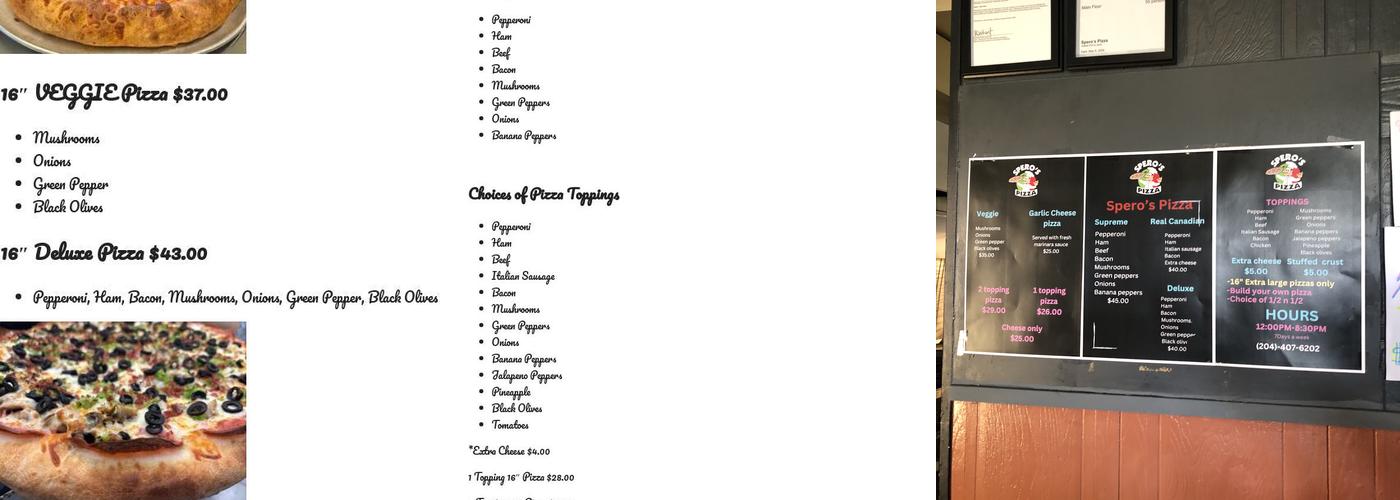 Spero's Pizza Gimli Menu