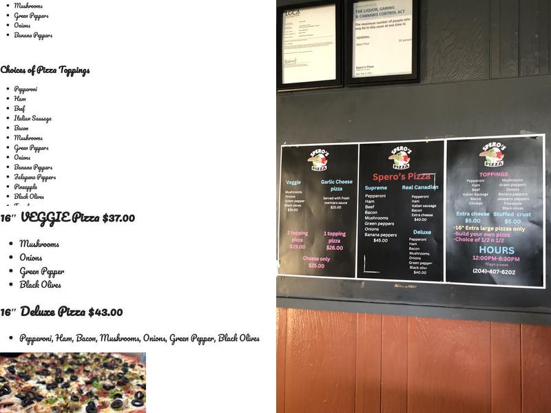 Spero's Pizza Gimli Menu