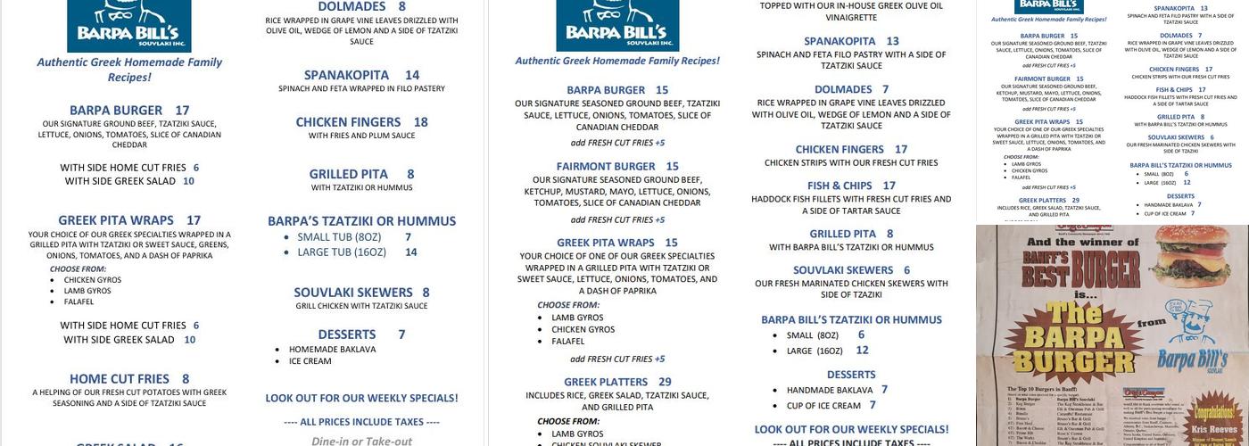 Barpa Bill's at Tony's Greek Grill Menu