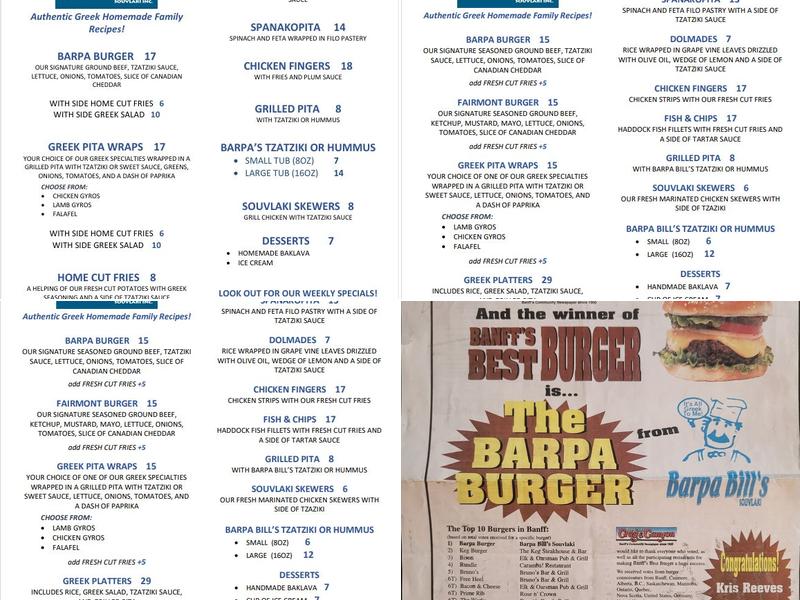 Barpa Bill's at Tony's Greek Grill Menu