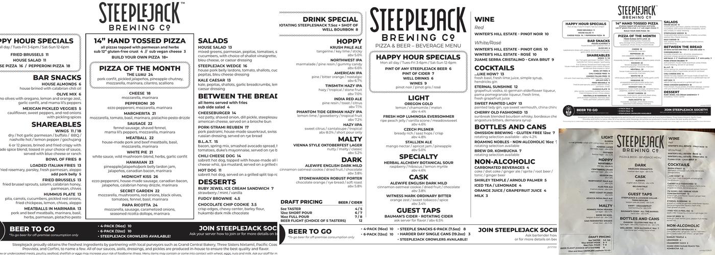 Steeplejack Pizza and Beer Menu