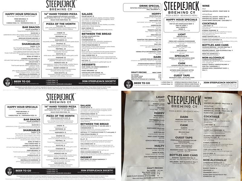 Steeplejack Pizza and Beer Menu