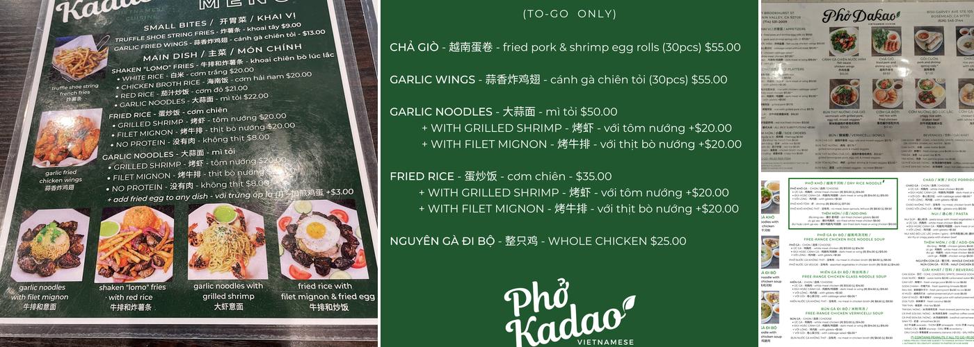 Pho Kadao Menu