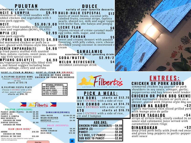 Filberto's Authentic Filipino Cuisine Menu