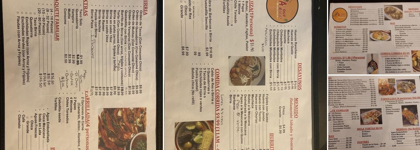 A...Que Rico! Menu