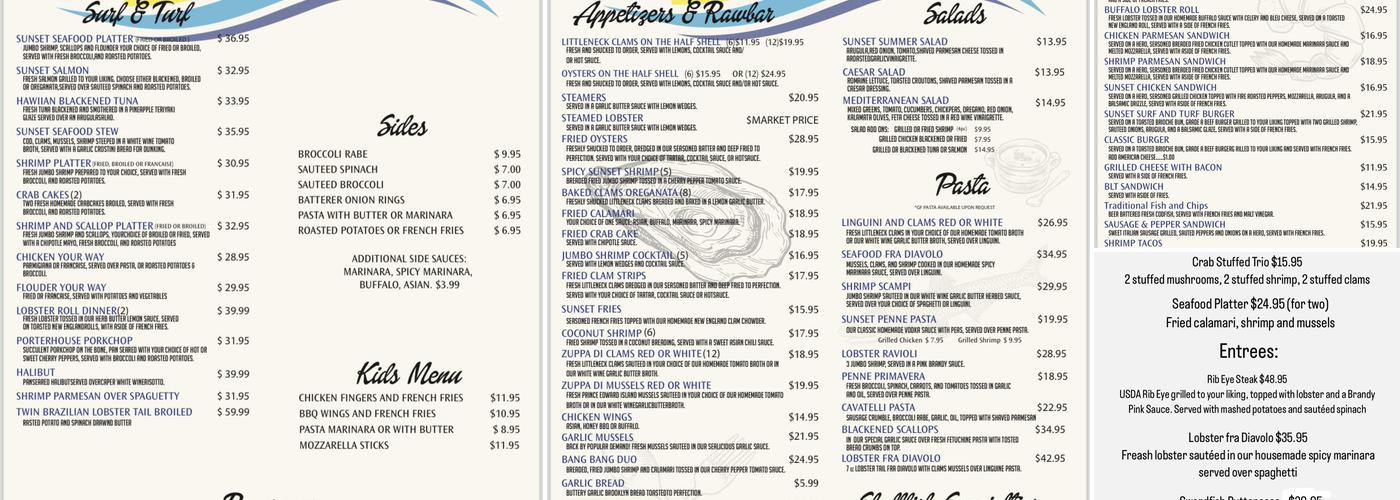 Sunset Seafood Restaurant and Retail Market Menu
