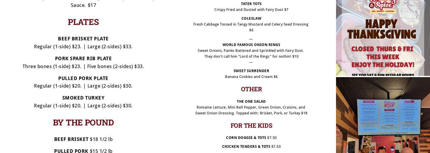 Hickory and Spice BBQ Menu