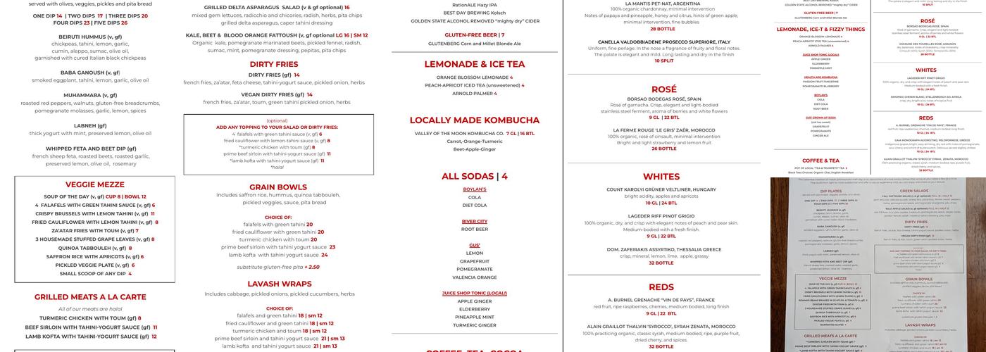 Spread Kitchen, Sonoma Menu