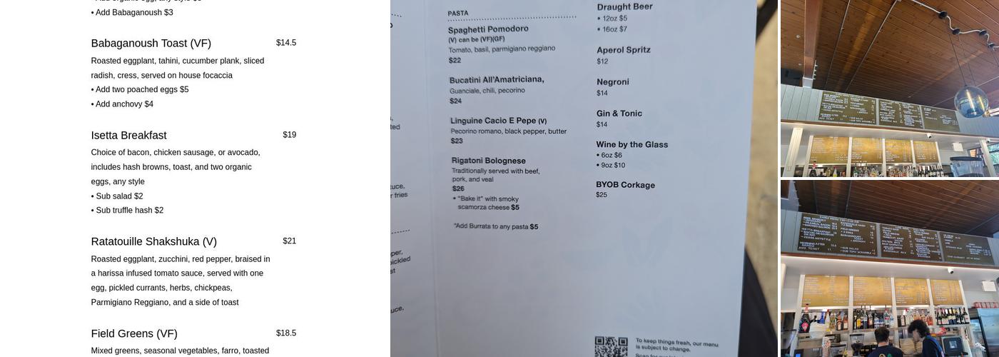 Isetta Cafe Bistro Menu