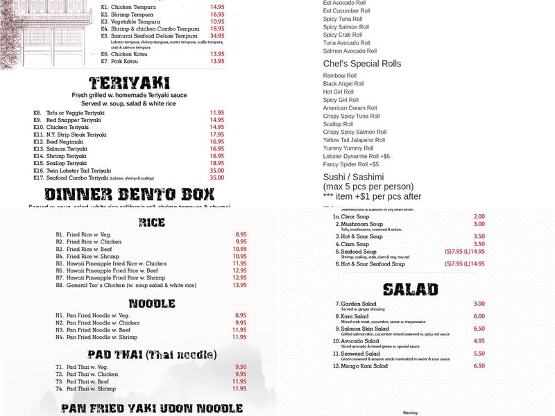 Samurai Japanese Restaurant Menu