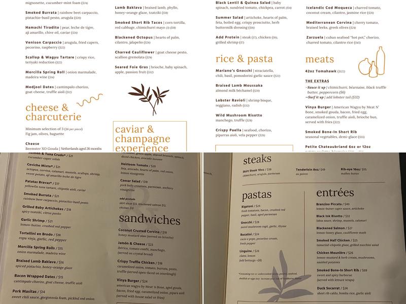 Vinya Table Menu