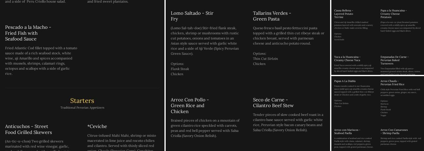 Peru Criollo Menu