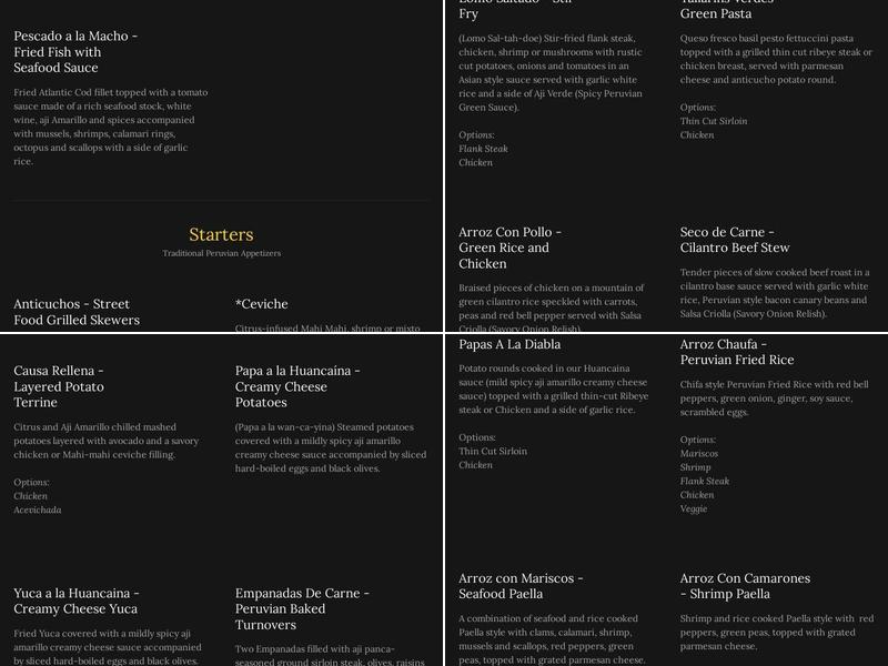 Peru Criollo Menu