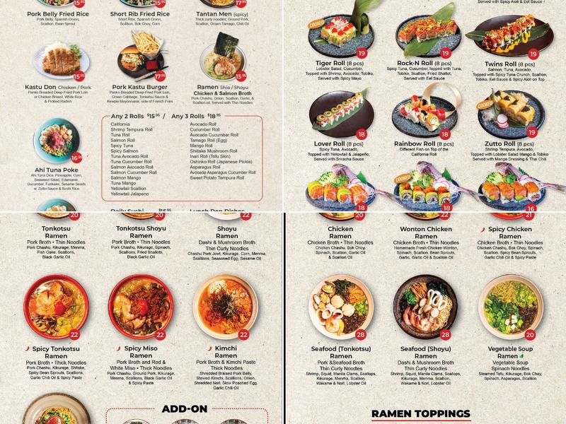 Zutto Japanese Ramen Sushi Bar Menu