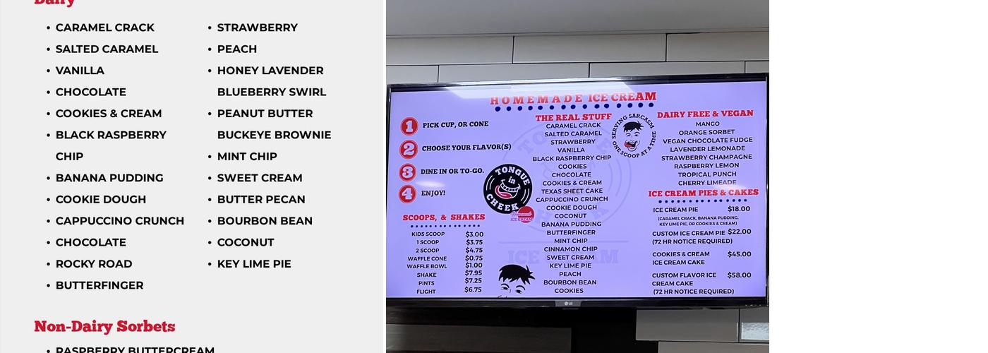 Tongue in Cheek Ice Cream - Plano Menu
