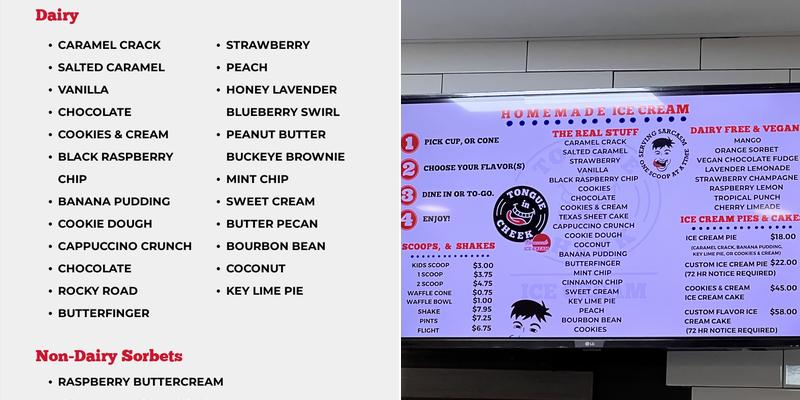 Tongue in Cheek Ice Cream - Plano Menu